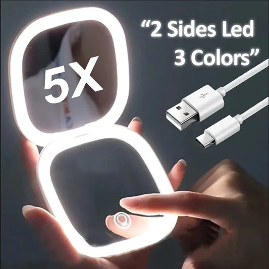 Portable LED Makeup Mirror | Foldable, 5X Magnification, Travel-Ready